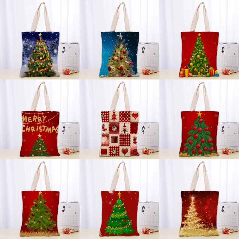 

Merry Christmas Tree Tote Bag Foldable Shopping Bag Christmas Ornaments Reusable Large Unisex Canvas Fabric Shoulder Bag Tote