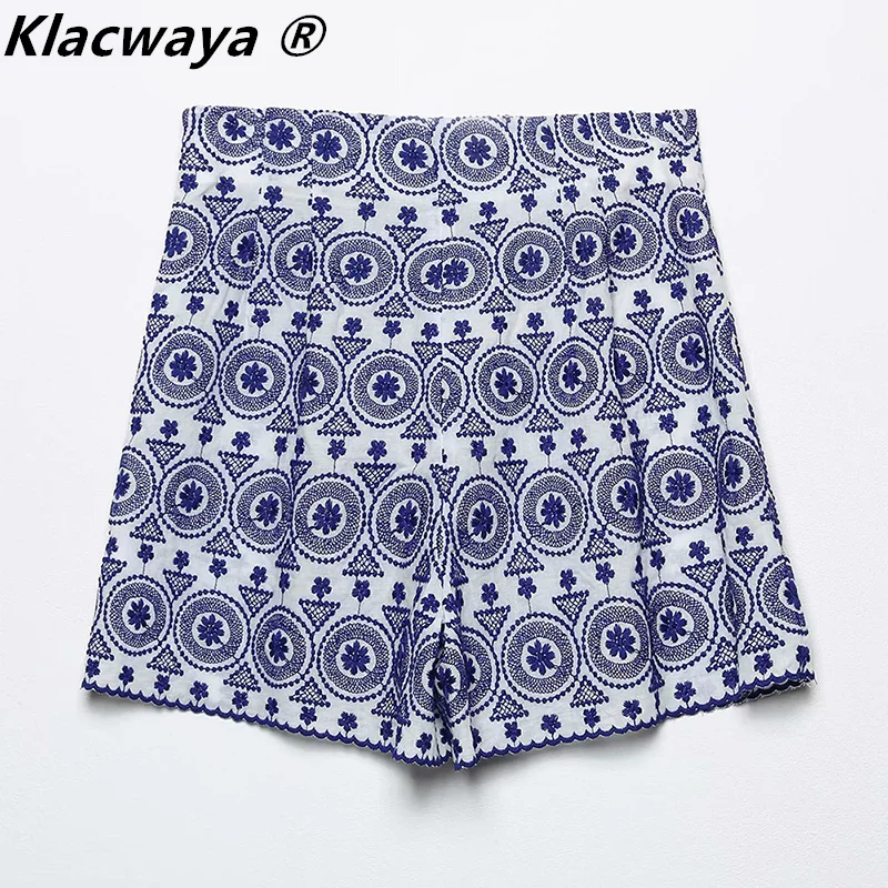 Klacwaya mulheres 2021 azul bordado cintura alta shorts moda lady boho estilo shorts vintage zíper lateral chique calças femininas