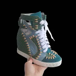 Newest Patchwork Height Increasing Women Causal Wedges Boots Sneakers Genuine Leather Python Studs Lace Up Platform Shoes Woman