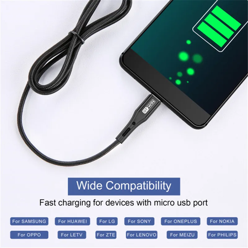 Gtwin-cabo micro usb para carregamento rápido e download de dados, 3a, para xiaomi, android, carregador de celular, 0.5m, 1m, 2m, 3m