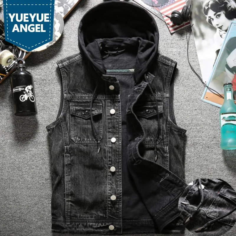 

Autumn New Mens Washed Denim Vest Jacket Hoody Single Breasted Cowboy Jeans Waistcoat Slim Fit Tank Plus Size Biker Outerwear