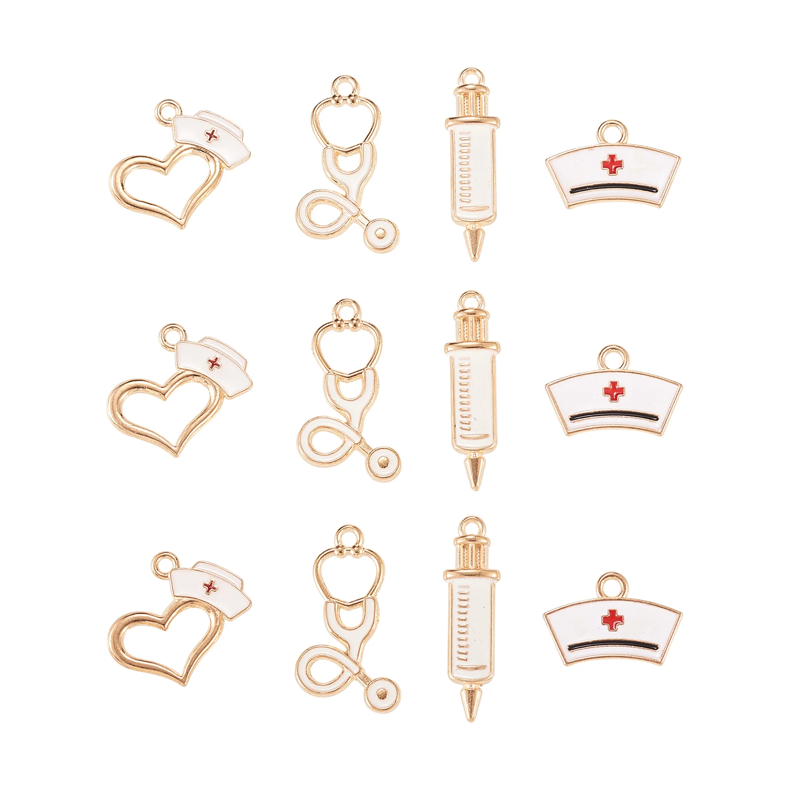 20Pcs White Medical Enamel Pendants Injection Syringe & Heart with Nurse Cap & Echometer Charms for Jewelry Making DIY