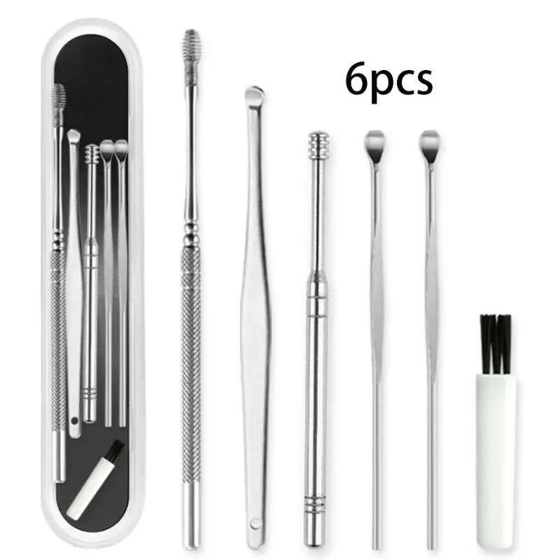 6Pcs/Set Stainless Steel Ear Wax Removal Tool Cleaner Kit Spiral Earwax Curette Pick Spoons Cleaning Brush with Case