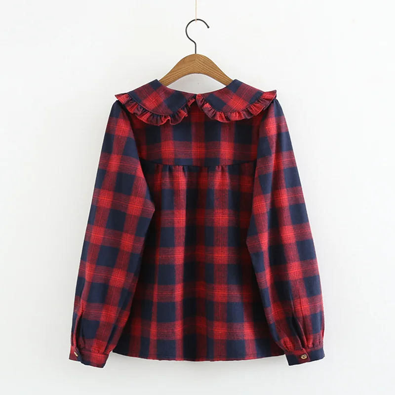 Kawaii Frilly Peter pan Collar Long Sleeve Blouse Women Spring Autumn Teen Girls Babydoll Tops Cotton Plaid Shirt chemisier