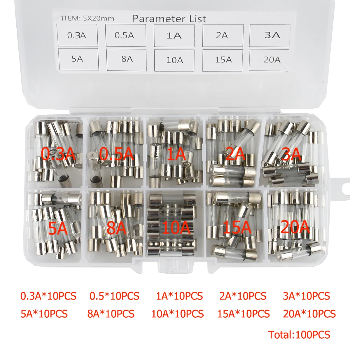 100Pcs Set 5x20mm Quick Blow Glass Tube Fuse Suit combin Assorted Kits,Fast-blow Glass Fuses 0.3A0.5A 1A 2A 3A 5A 8A 10A 15A 20A