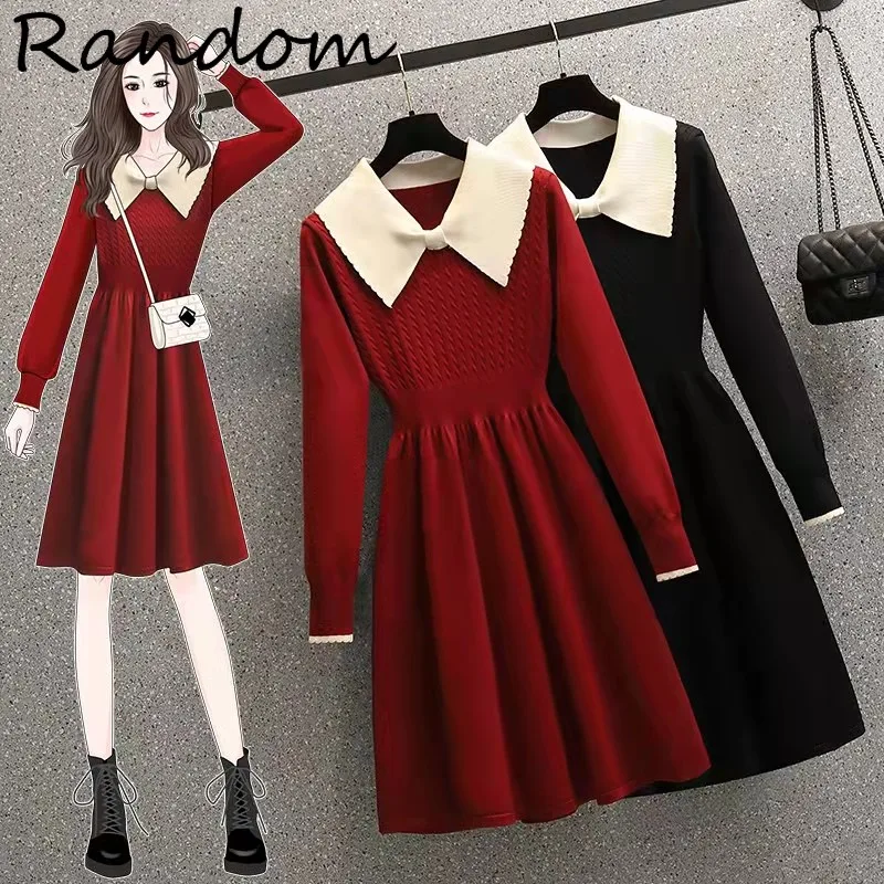 

Plus Size 4XL Knitted Vintage Black Red Dress Sppring Winter Fashion Women Sweet Peter Pan Collar Long Sleeve A Line Dresses