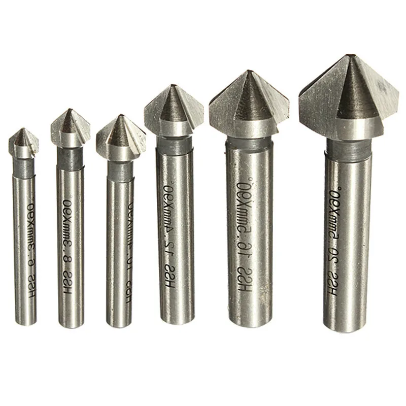 Gambo tondo 6pcs 3 Flauto 90 Gradi HSS Smusso Smussatura Cutter Fresa Strumento Svasatura Punta del trapano Set 6.3- 20.5 MILLIMETRI