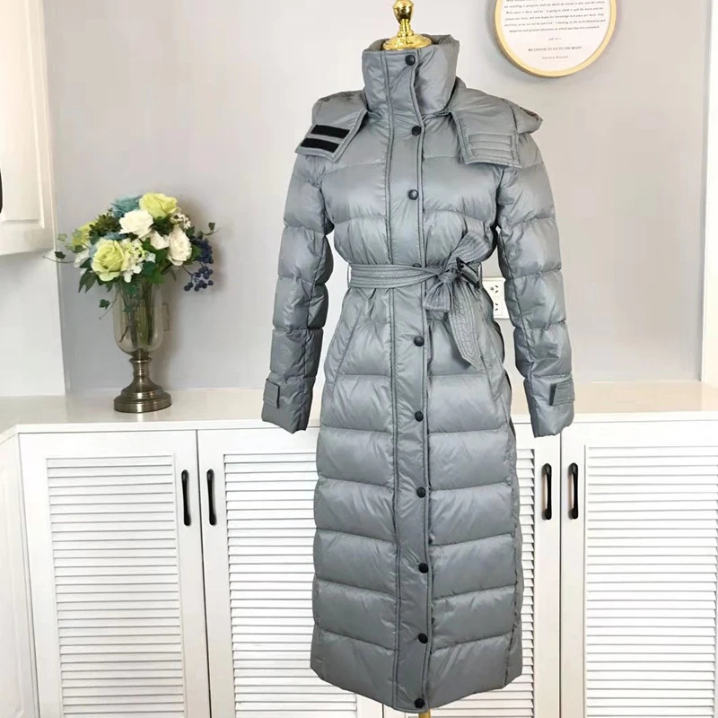 90% White Duck Down Jacket Women Long NICE Over Knee Winter Warm Lightweight Parka Hooded Windproof Female Coat