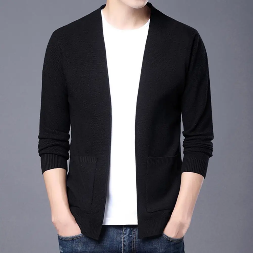 Men Cardigan Loose Fit Solid Color Coat Long Sleeve Ribbing Hem Male Sweaters Coat Csual Business Stylish Autumn