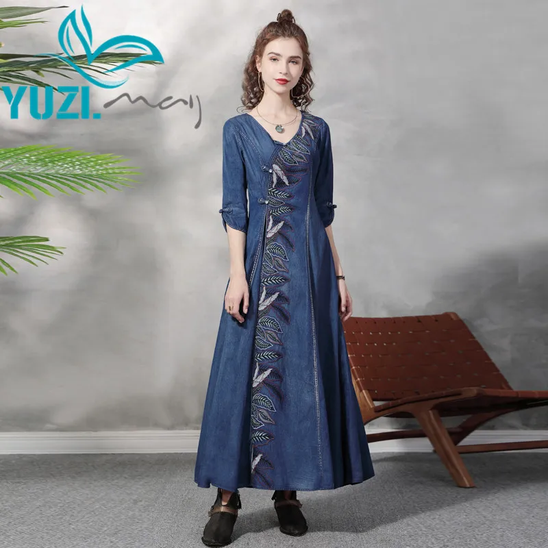 

Dress For Women 2021 Yuzi.may Boho New Denim Dresses O-Neck Half Sleeve Vintage Embroidery Frog Knot Vestido Feminino A82362