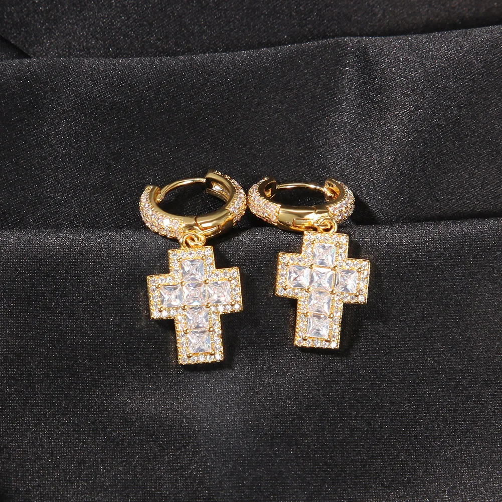 

Cross 2 Size Bling Bling Iced Out Cubic Zircon Mirco Pave Prong Setting Brass Earrings Fashion Hip Hop Jewelry BE017