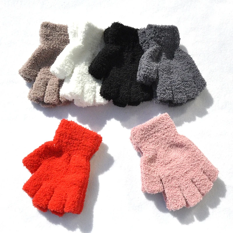 1 Pairs Half-fingers Gloves For Men Women Winter Warm Plush Gloves Fleece Fingerless Gloves Solid Couple Mittens Soft Furry