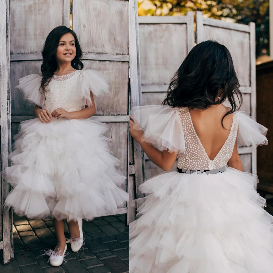 Robe trapèze à fleurs pour filles, en Tulle, à volants, sur mesure, à manches courtes, cadeau d'anniversaire pour petits enfants, robe de concours à plusieurs niveaux