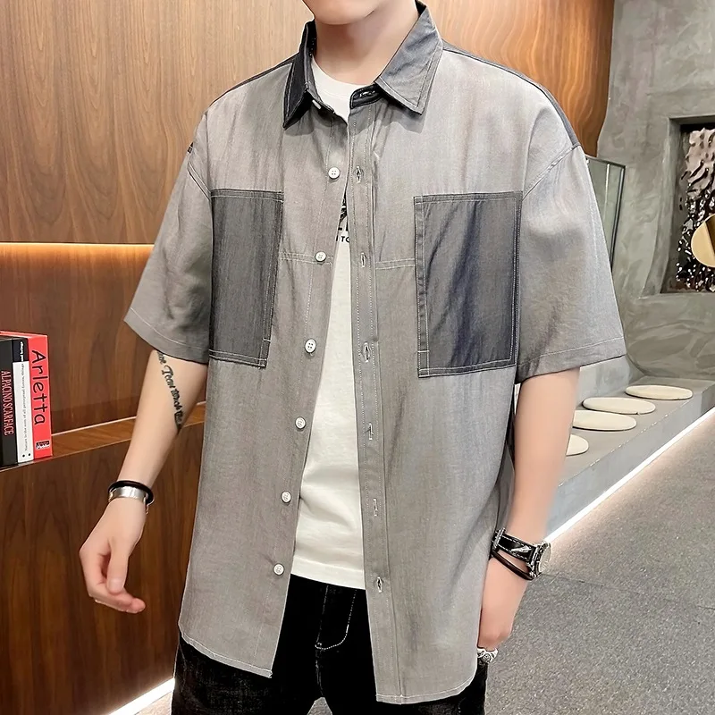 Summer New Color Matching Shirt for Men's Pure Cotton Square Collar Japanese Short Sleeves Fake Pocket Casual Slim Tops Clothes