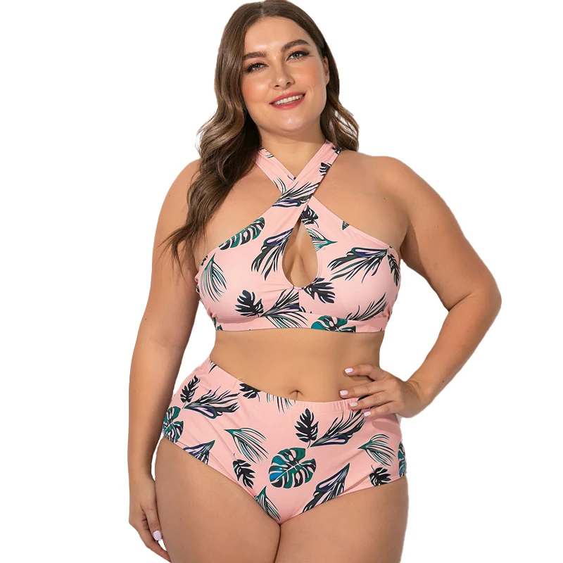 Rimiut plus size feminino conjunto de biquíni de gordura sexy cruz poliéster felmale roupa de banho planta impresso 5xl 4xl tamanho grande biquíni