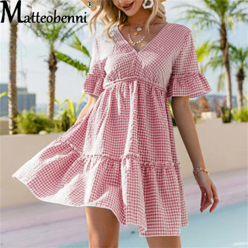 Mini abito Boho moda donna elegante scollo a V Lace-Up Casual stampa scozzese abiti 2022 primavera manica corta Backless Ruffle Dress
