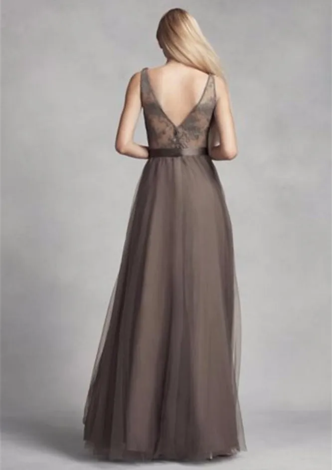 Rosa/Grigio Tulle Con Scollo A V Lungo Abito Da Damigella D'onore 2020 con Pizzo Posteriore Abiti Per Party Di Matrimonio Abiti Da Sera Abiti Da Cerimonia