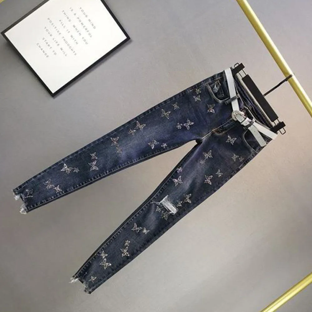 Jean déchiré taille haute pour femme, pantalon crayon en denim délavé, papillon perlé, mode décontractée