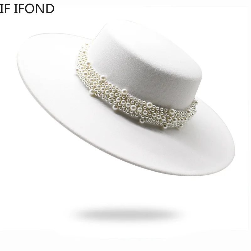 Fedora Hat For Women Temperament Elegant Beige Flat Top Jazz Caps 10CM Wide Brim Pearl Decoration Lady Wedding Dress Hat