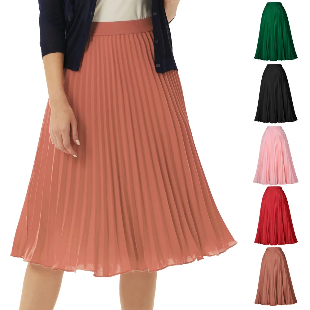 Grace Karin Ladies Pleated Skirts Elastic Waist Solid-Color High Waist Lined Stylish Skirts Vintage Elegant Sweet Fashion Summer