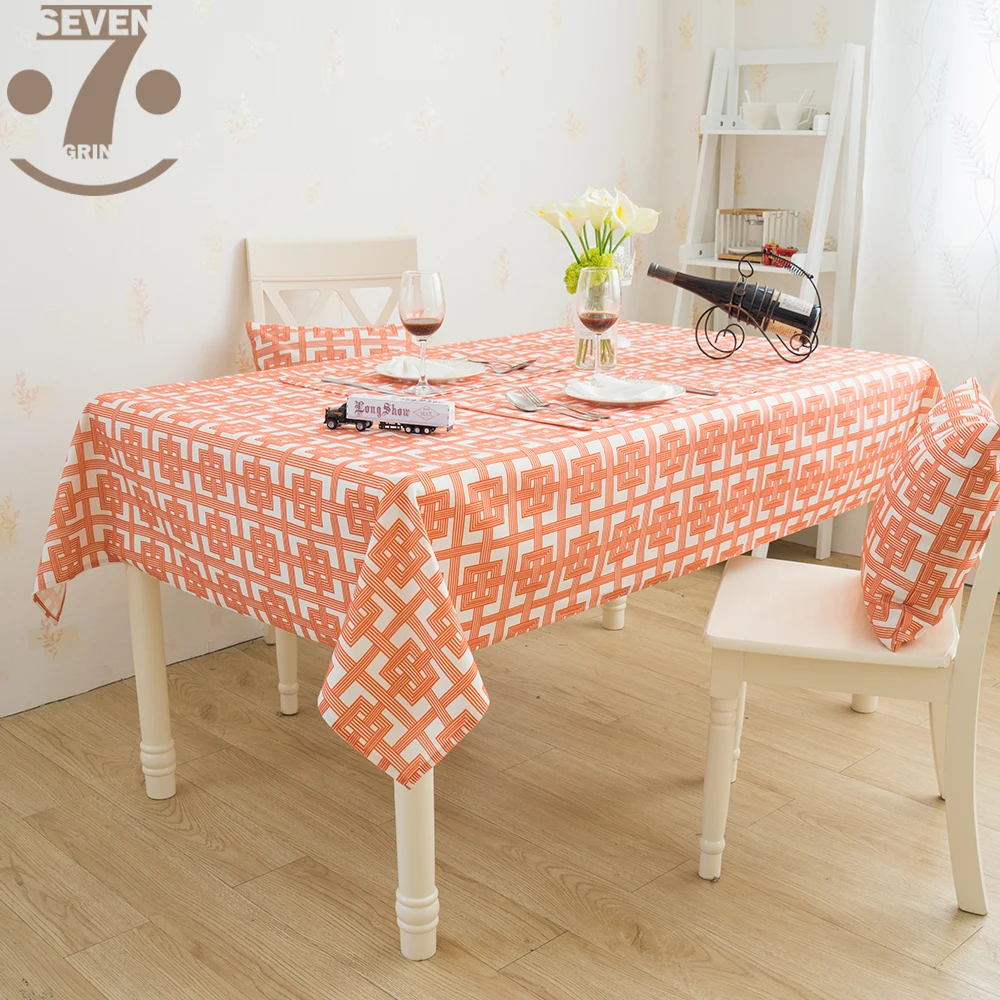 Cute Thick Slubbed Microfiber Cloth Orange Plaid Square Rectangle Table Cover Modern Geometric Design Tablecloth