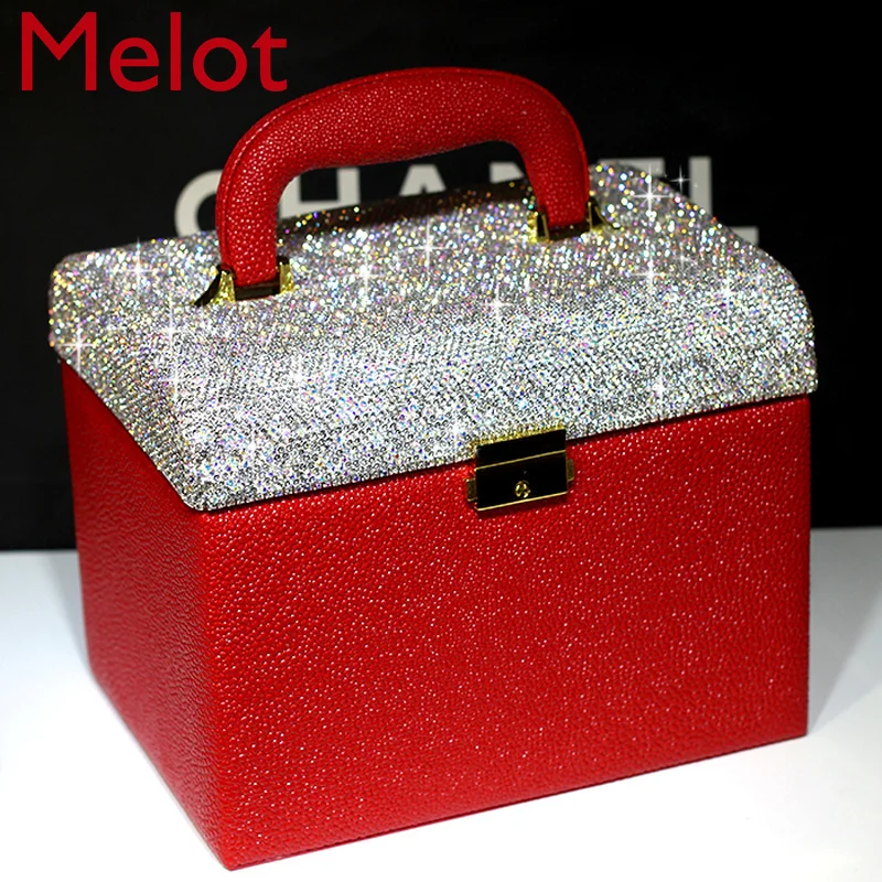 

High-End Rhinestone-Encrusted Cosmetic Portable Storage Box Luxury Crystal Household Multi-Functional with Mirror Cosmetic Bag