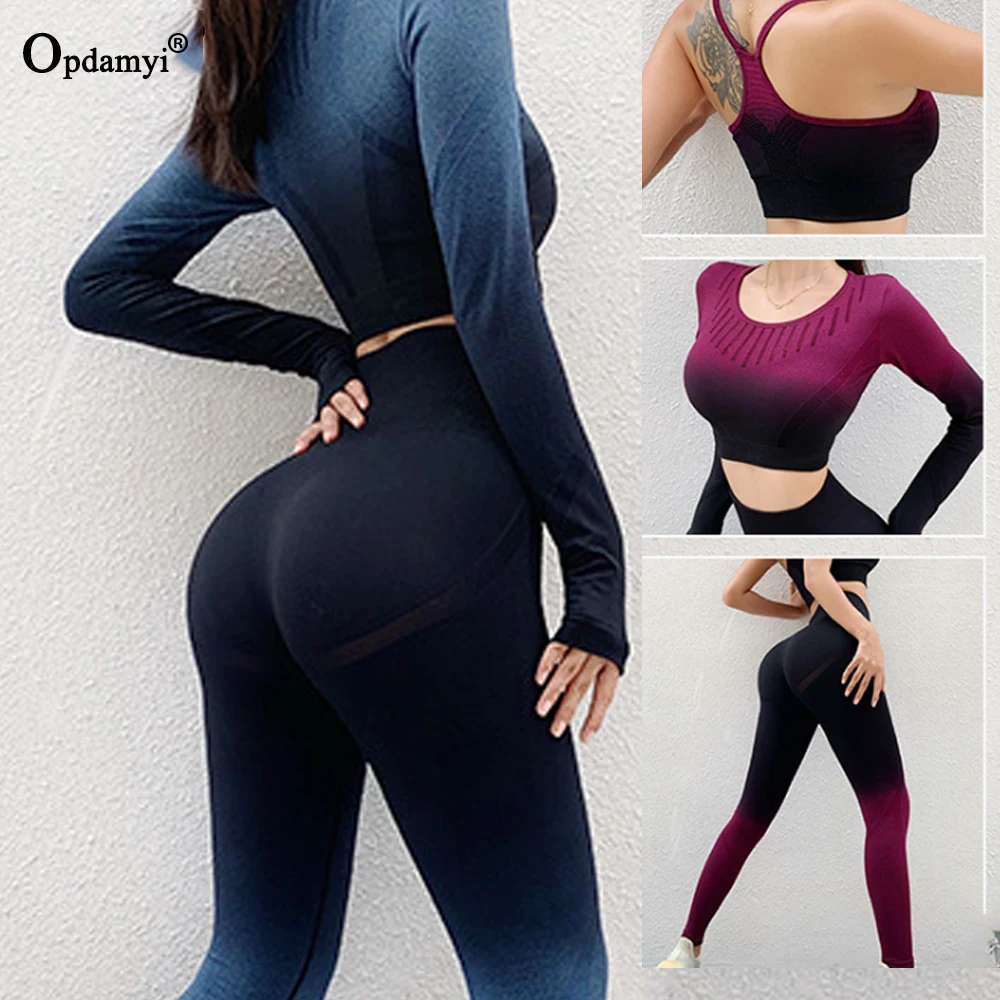 

New Women Yoga Set Workout Long Sleeve Crop Tops Sport Bra Seamless Leggings Gym Clothing Fitness Sportswear Ombre Athletic Wear