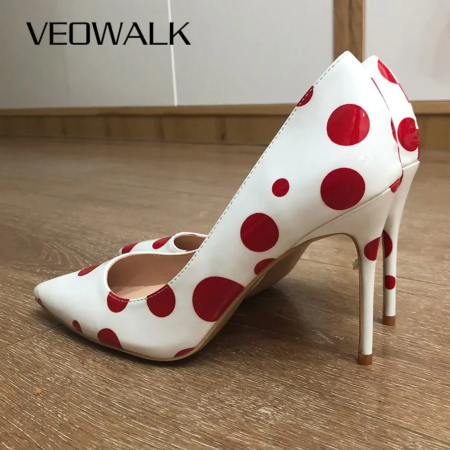 

Veowalk Red Polka Dot Women Patent Leather Pointy Toe Stiletto High Heels Chic OL Ladies Slip On Pumps Printed Party Shoes White