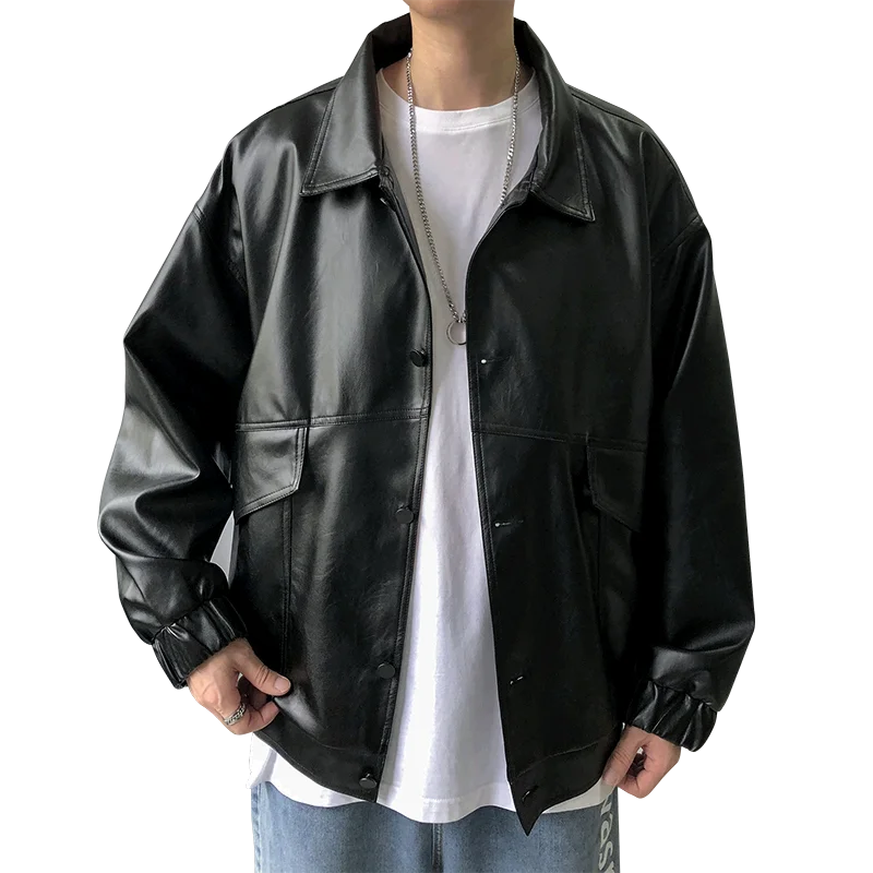 2022 Spring New Loose Soft Leather Jacket Single Breasted Jacket Men Casual Biker Jacket Men Jacket Leather Large Size XXL