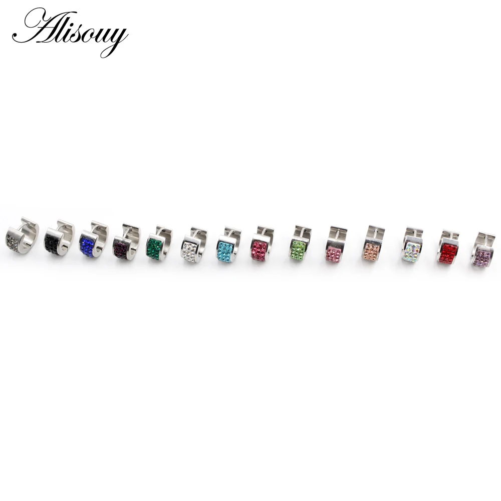 Alisouy 2pcs Punk Wide Stainless Steel Inlay Crystal Zircon Huggies Ear Earring Women Men Circle Hoop Earrings Piercing Jewelry