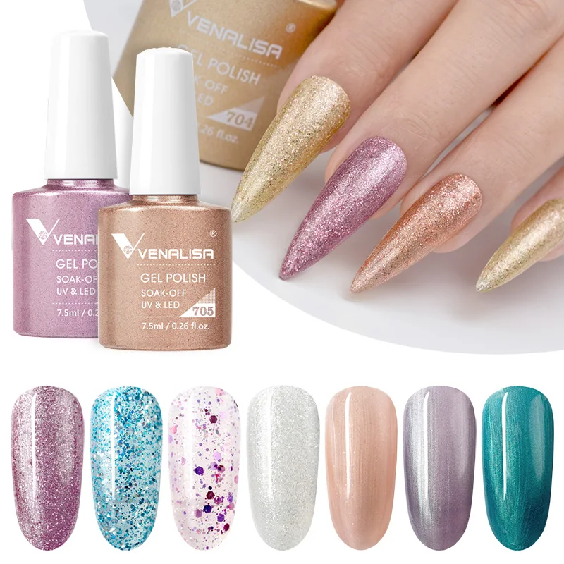 Venalisa VIP3 กึ่งถาวรความงามเจลเล็บ Top Coat Nowipe Glitter Pastel เคลือบเงาแสงสีม่วงเล็บเจล