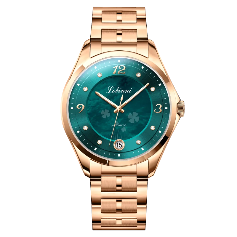 LOBINNI Luxury Mechanical นาฬิกาข้อมือผู้หญิง High-End Seagull Movement นาฬิกาผู้หญิงที่ไม่ซ้ํากันสีเขียว Dial นาฬิกาวันที่