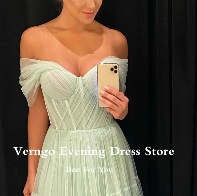 Verngo Light Mint Green Tulle Long Prom Dresses Off Shoulder Sleeves Sweetheart Evening Gowns Custom Special Occasion Dress