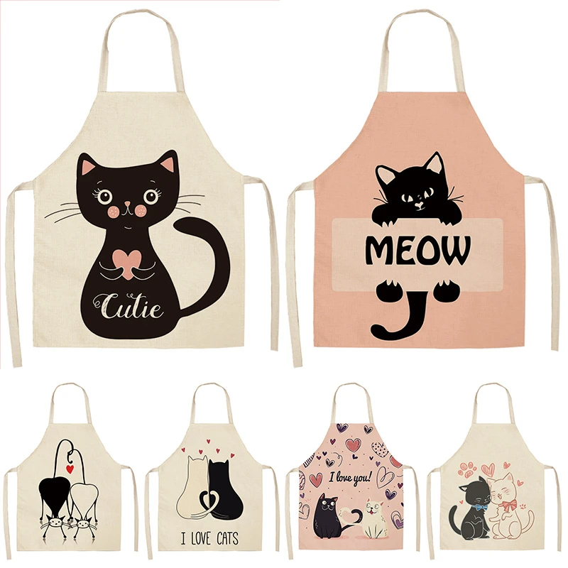 1Pcs Black White Cat Kitchen Aprons For Women Cotton Linen Bibs Household Cleaning Pinafore Home Cooking Apron 53*65cm WQL0123