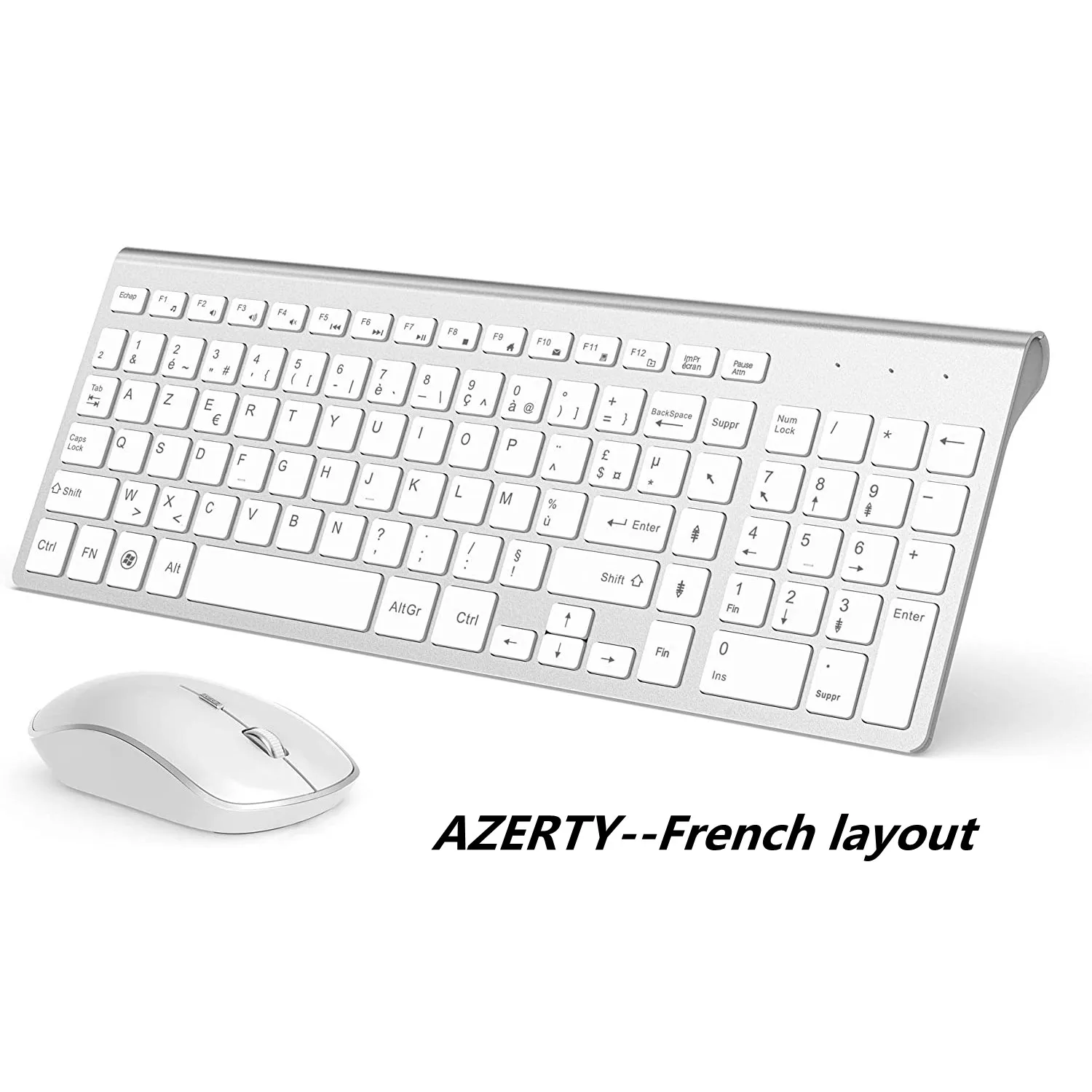 AZERTY French 2.4G Wireless Keyboard Mouse Ergonomic Compatible with IMac Mac PC Laptop Tablet Computer Windows (Silver White)