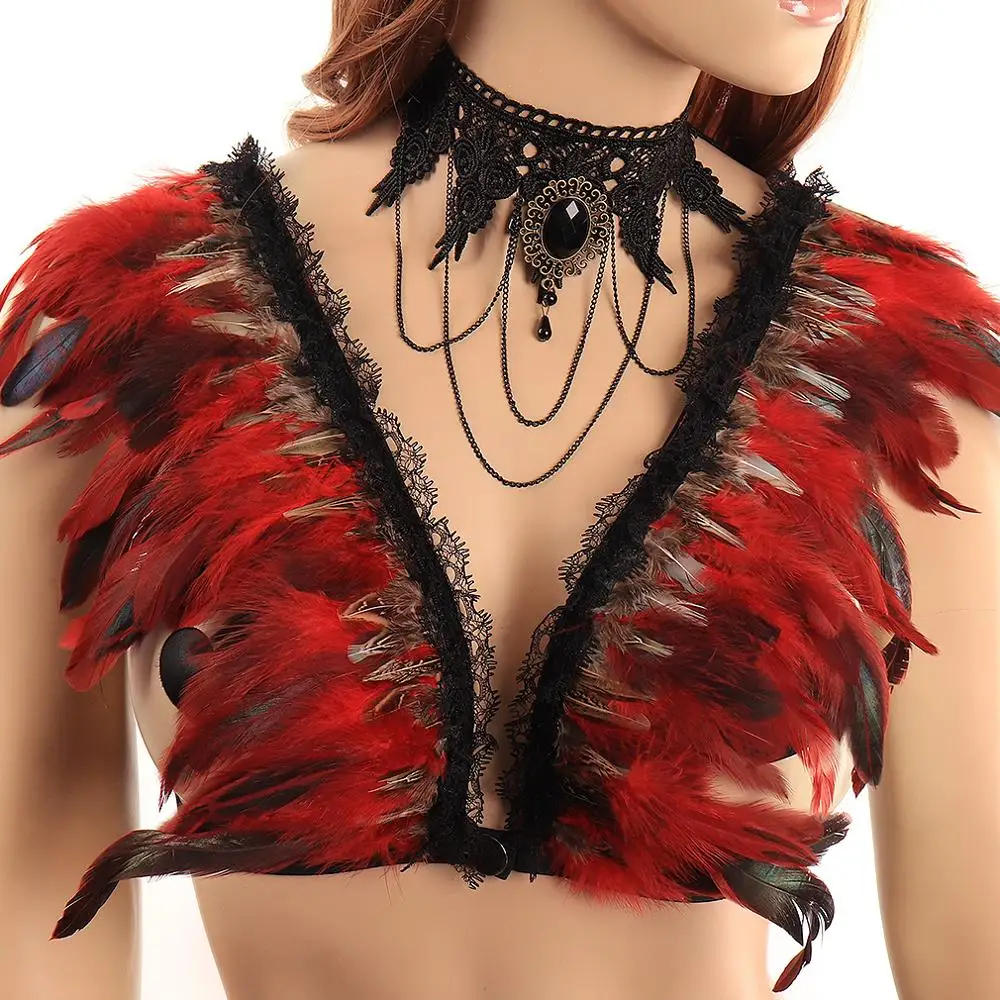 

Red Feather Wing Body Harness Bra Belts Elastic Top Shawl Suspender Punk Gothic Festival Rave Dance Women Hot Harajuku Clothing