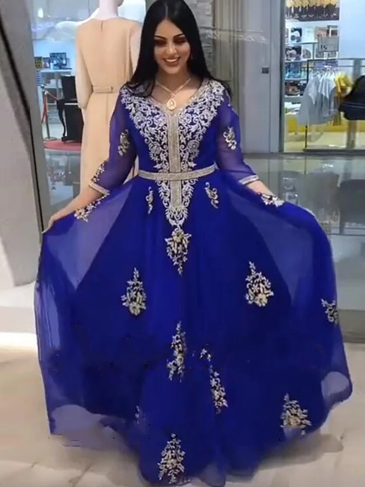 Lorie caftán marroquí Azul Real, vestidos de noche con mangas 3/4, apliques, plisado árabe, ocasiones especiales, vestidos de fiesta formales musulmanes