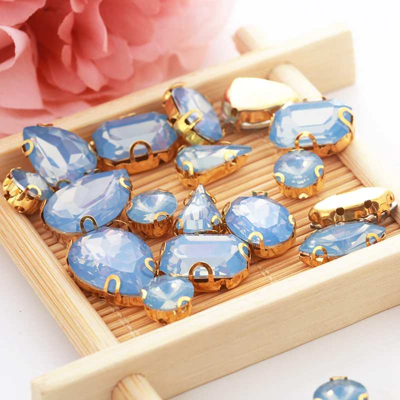 RESEN 50PCS Mix Shapes Mix Sizes Blue Opal Resin Sew On Stones With Gold Bottom Claw Rhinestones For DIY Clothing Accessories