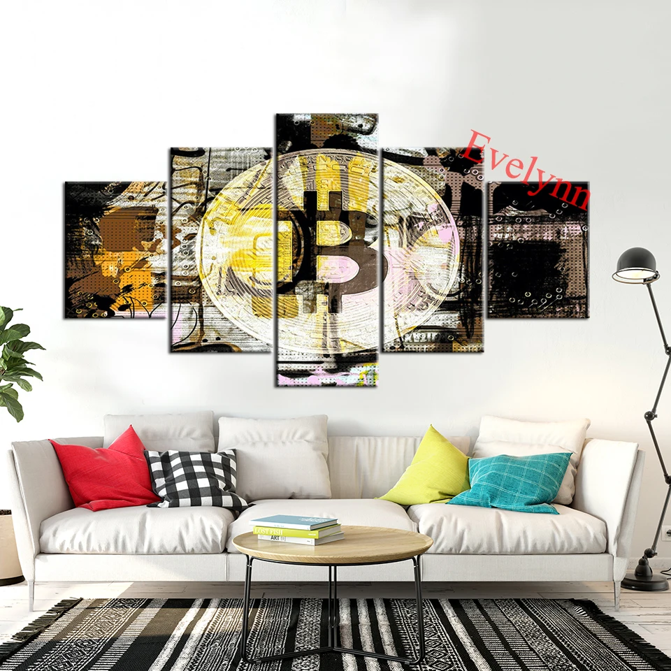 

5 Piece Yellow Bitcoin Poster And Print Graffiti Abstract Wall Art Canvas Painting Cryptocurrency Picture For Living Room Decor