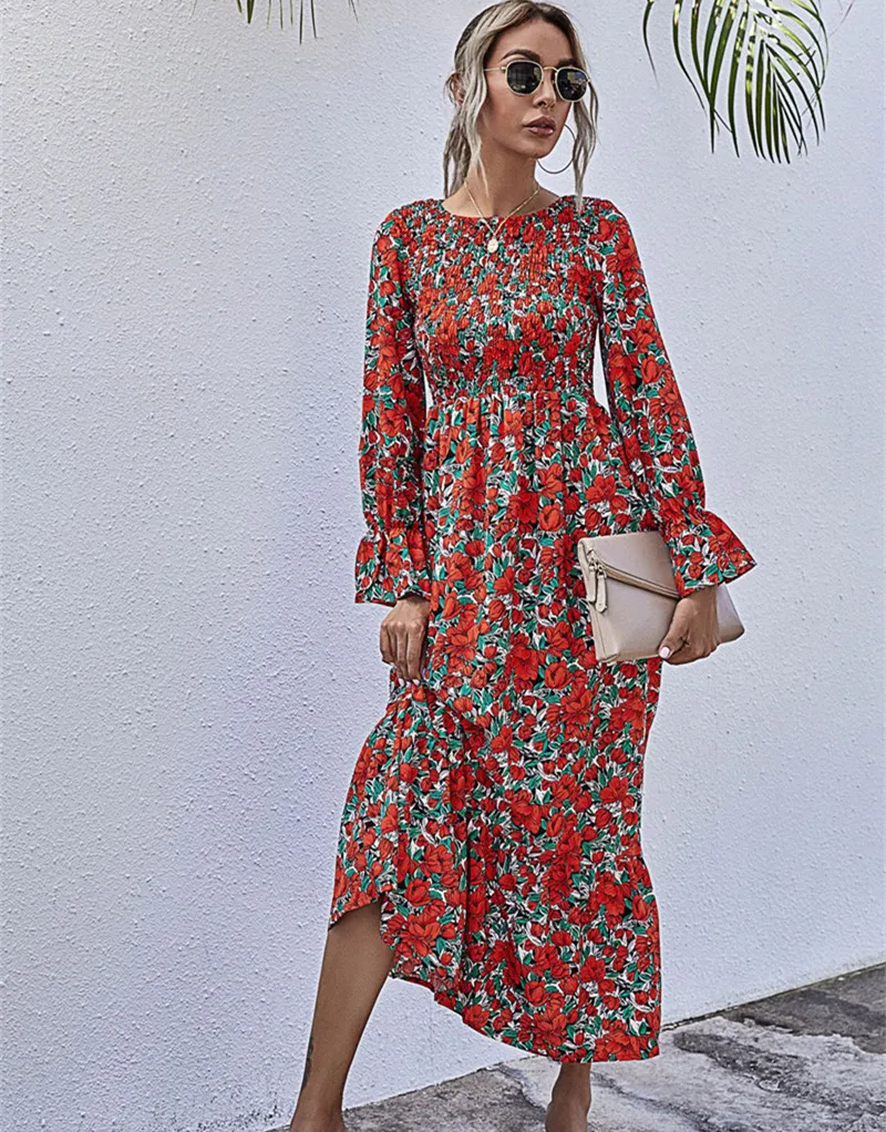 

Autumn New Elegant Sexy Long Dress Women 2020 Fashion Print Flowers Polka-dot Ladies Round Neck Patchwork Ladies Maxi Dress Robe