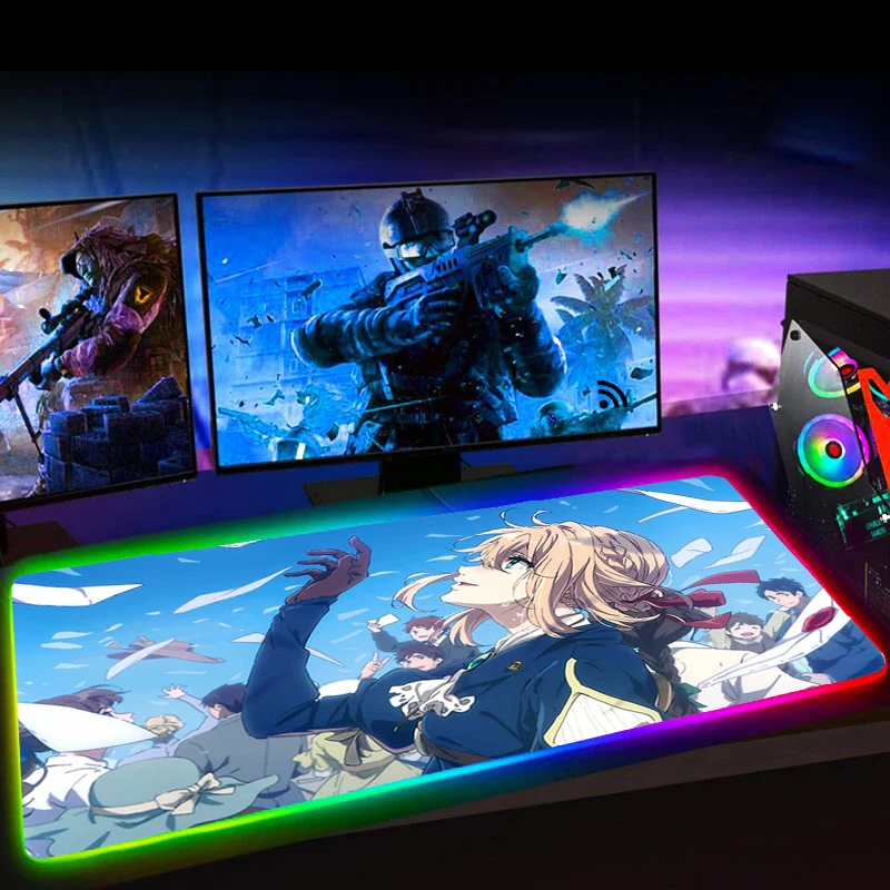 

RGB Anime Violet Evergarden Gaming Mouse Pad L Mousepad Keyboard Mat Mause Pad Rubber No-slip with Backlit Tapis De Souris 90X30