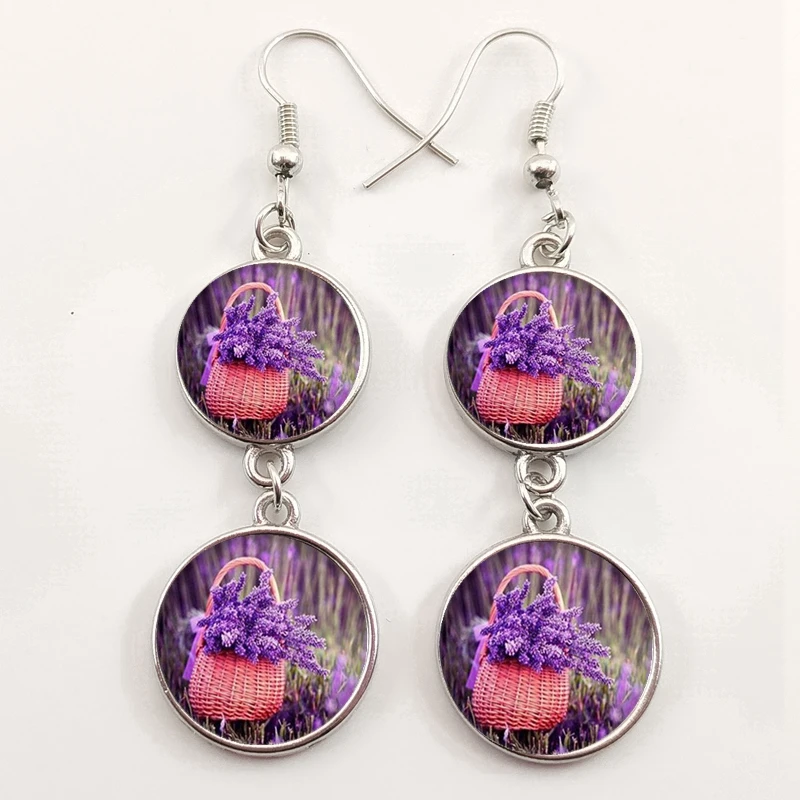 Fashion Beautiful Purple Lavender Charm Ladies Earrings Flowers Round Glass Convex Dome Earrings Jewelry Earrings Souvenir Happy