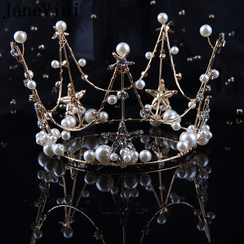 

JaneVini Luxury Big Pearls Round Bridal Crown 2019 Stars Crystal Bride Wedding Tiaras Baroque Hair Jewelry Headpieces