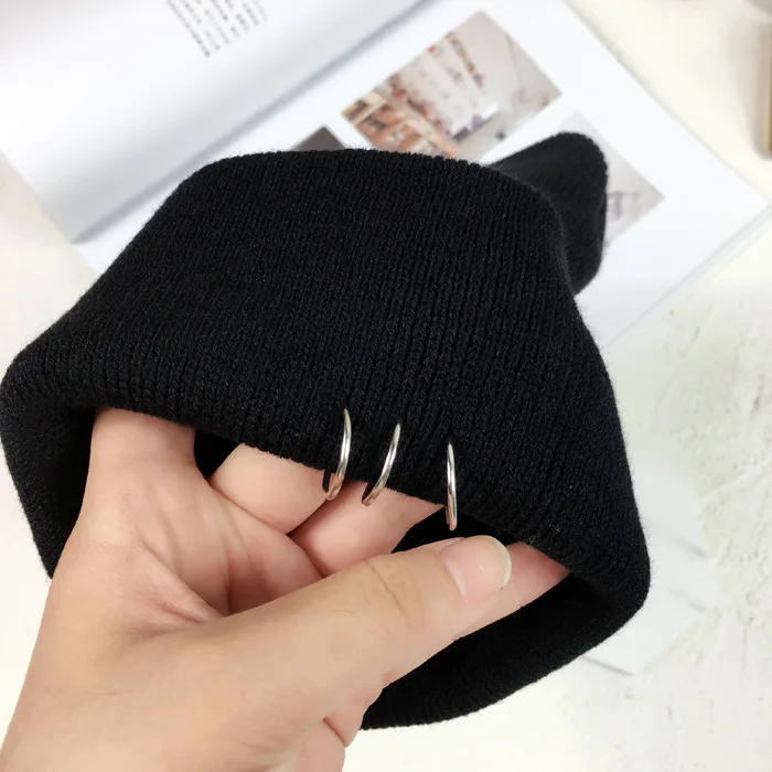 Winter Warm Knitted Caps Fashionable Metal Ring Buckled Hat Knitted Caps Knitted Hat Winter Women Warm Casual Chapeau Femme