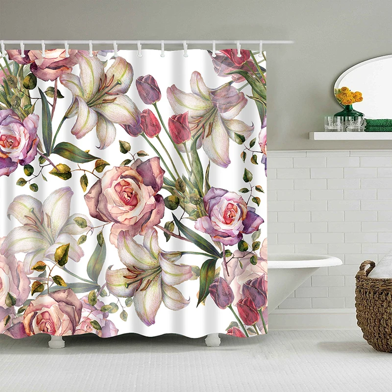 3D Flowers Pattern Shower Curtains Vintage Bath Curtain With Hooks Polyester Fabric Cloth Printing Curtain for Bathroom cortinas