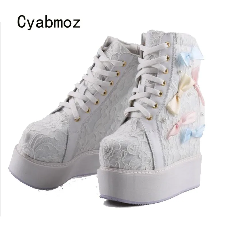 

Cyabmoz Hidden height increasing Shoes Woman Pumps Lace Beaded Bow Women High heels Sneakers Party Ladies Shoes Tenis feminino