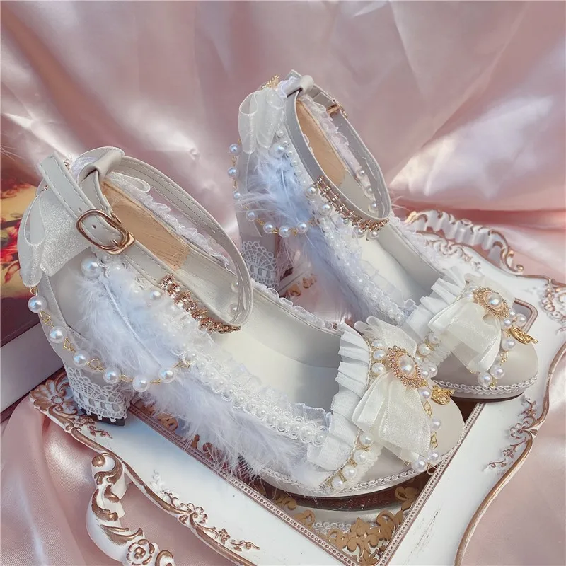 

Sweet Girls Female Princess High Heel 8cm Tea Party Japanese Cute Anime Lolita Women Dress Shoes Feminine Lace Bowknot Pearl