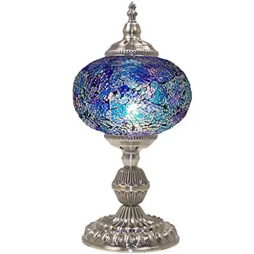 

LaModaHome Mosaic Turkish Lamp Moroccan Glass for Table Desk Bedside Bronze Base Bundle with E12 Light Bulb-2 Sizes (Purple Blue