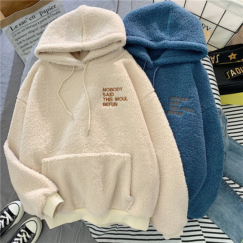 Autumn And Winter Fashion Warm Hooded Embroidery Letters Harajuku Print Loose Pocket Hoodies Women\'s Flannel Pullover Sweatshirt