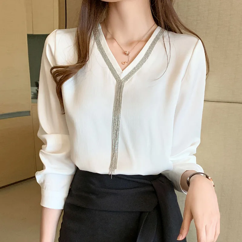 2020 Herfst Nieuwe Koreaanse Stijl Alle-Match Tassel V-hals Satin Shirt Vrouwen Shirt Herfst Chemisier Femme Vrouwen lange Mouw 10494